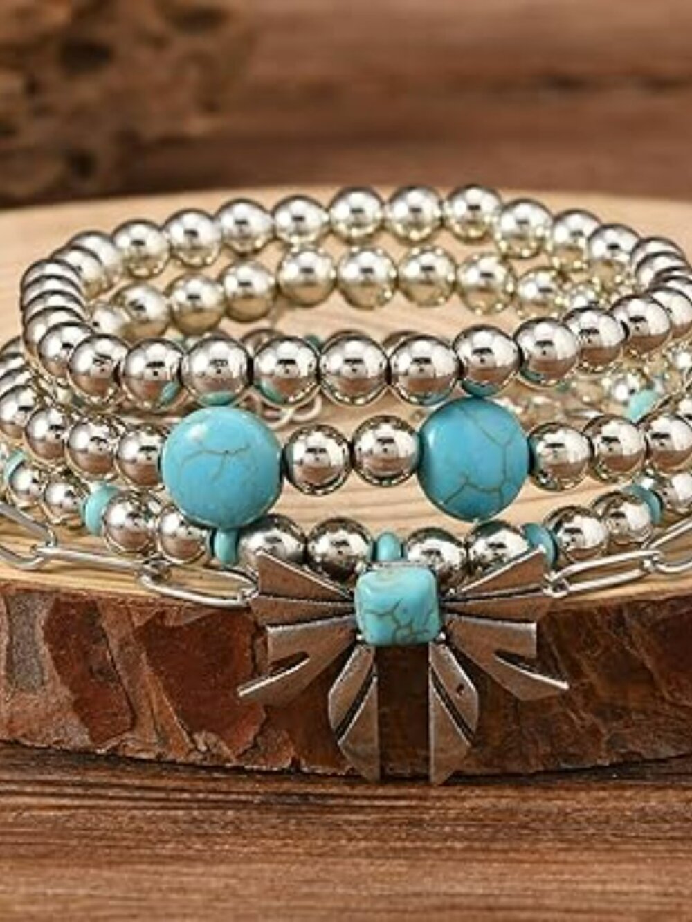 Boho 4 Layer Bracelet Set Turquoise Beaded Stretchy Brand New - Picture 3 of 4